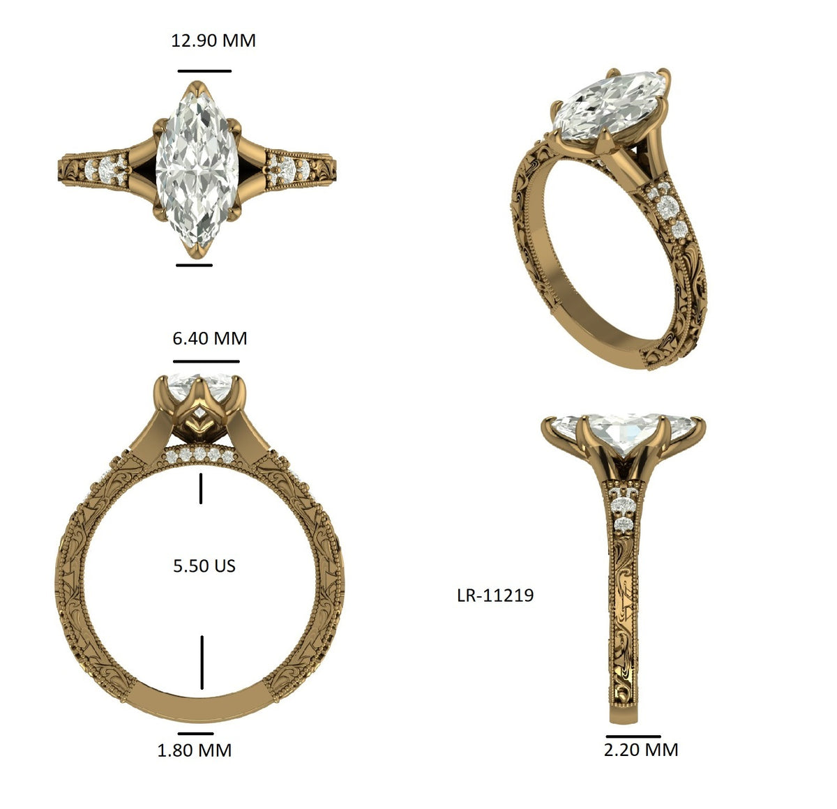 Marquise Lab Grown Diamond Three Stone Ring, Peach-Pink, Yellow Gold, IGI Certified (Copy)