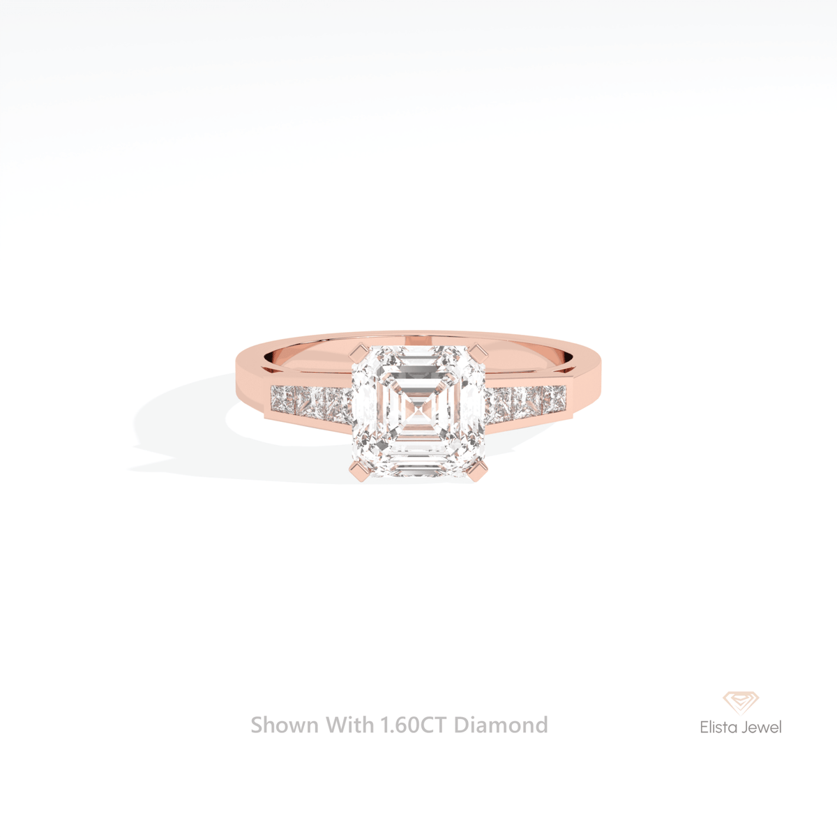 Asscher Cut Accent Engagement Lab Grown Diamond Ring in 18K Rose Gold - Ring on Hand View