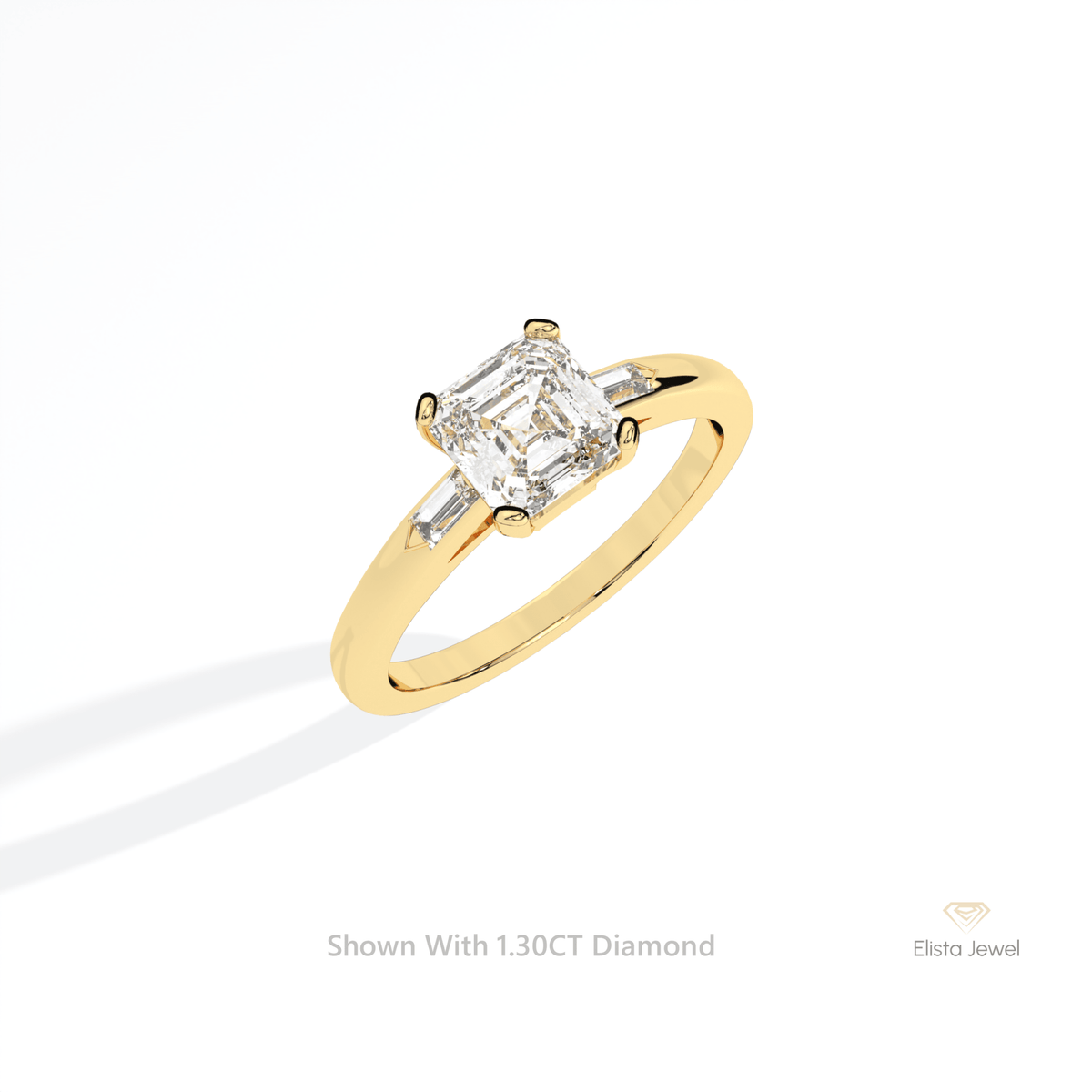 Asscher Cut Three Stone Engagement Lab Grown Diamond Ring in 10K Yellow Gold - Side View