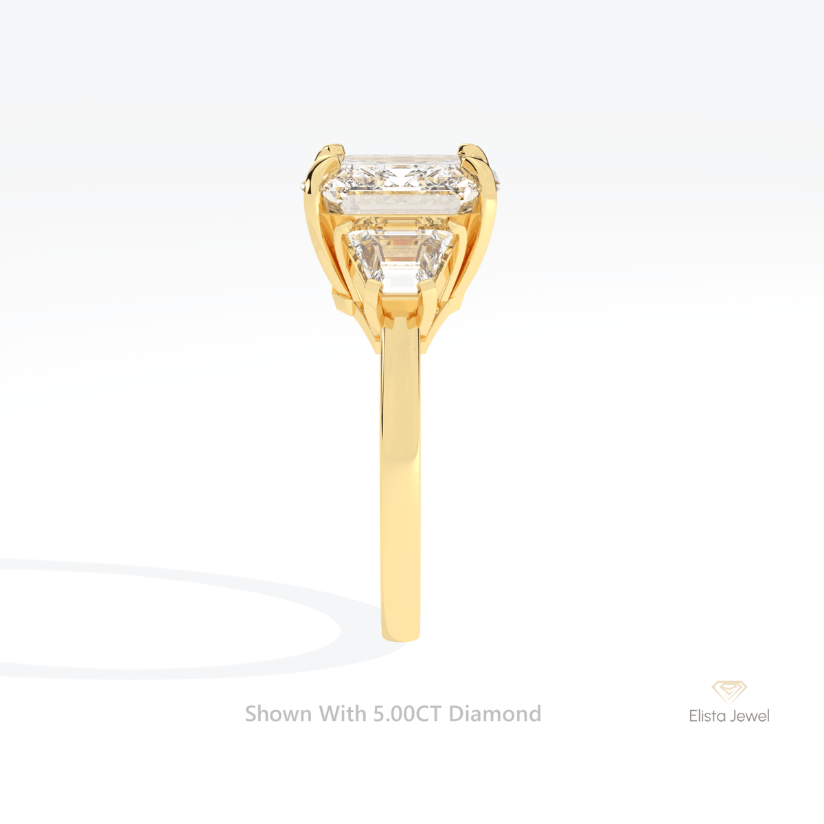 Asscher Cut Three Stone Engagement Lab Grown Diamond Ring in 18K Yellow Gold - Perspective View