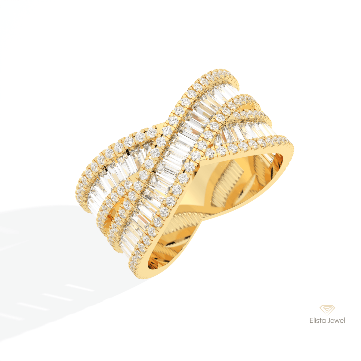 Baguette Cut Crossover Wedding Lab Grown Diamond Band in 10K Yellow Gold - Side View