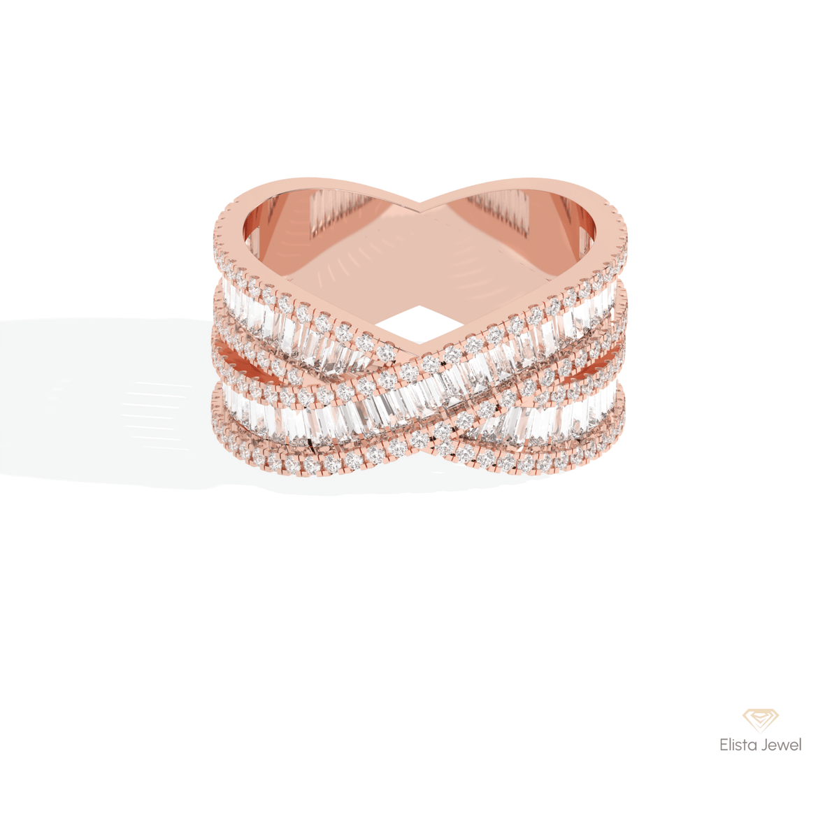 Baguette Cut Crossover Wedding Lab Grown Diamond Band in 18K Rose Gold - Ring on Hand View