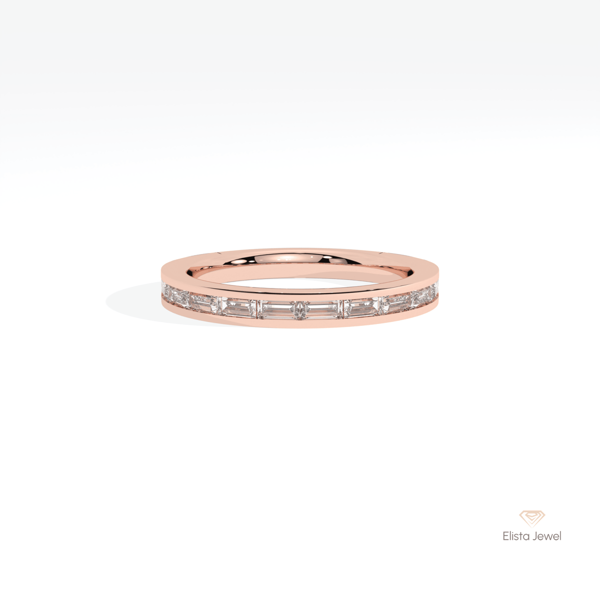 Baguette Cut Half Eternity Wedding Lab Grown Diamond Band in 18K Rose Gold - Ring on Hand View