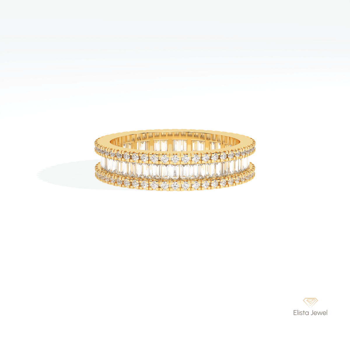Baguette & Round Cut Full Eternity Wedding Lab Grown Diamond Band in 14K Yellow Gold - Detail View