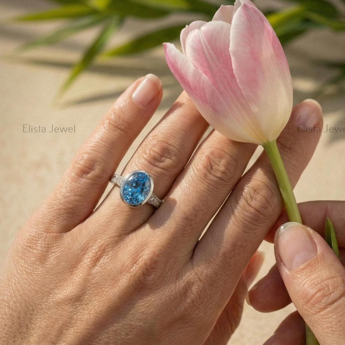 Blue Diamond Ring Oval Lab-Grown Engagement, 14K White Gold Milgrain Band