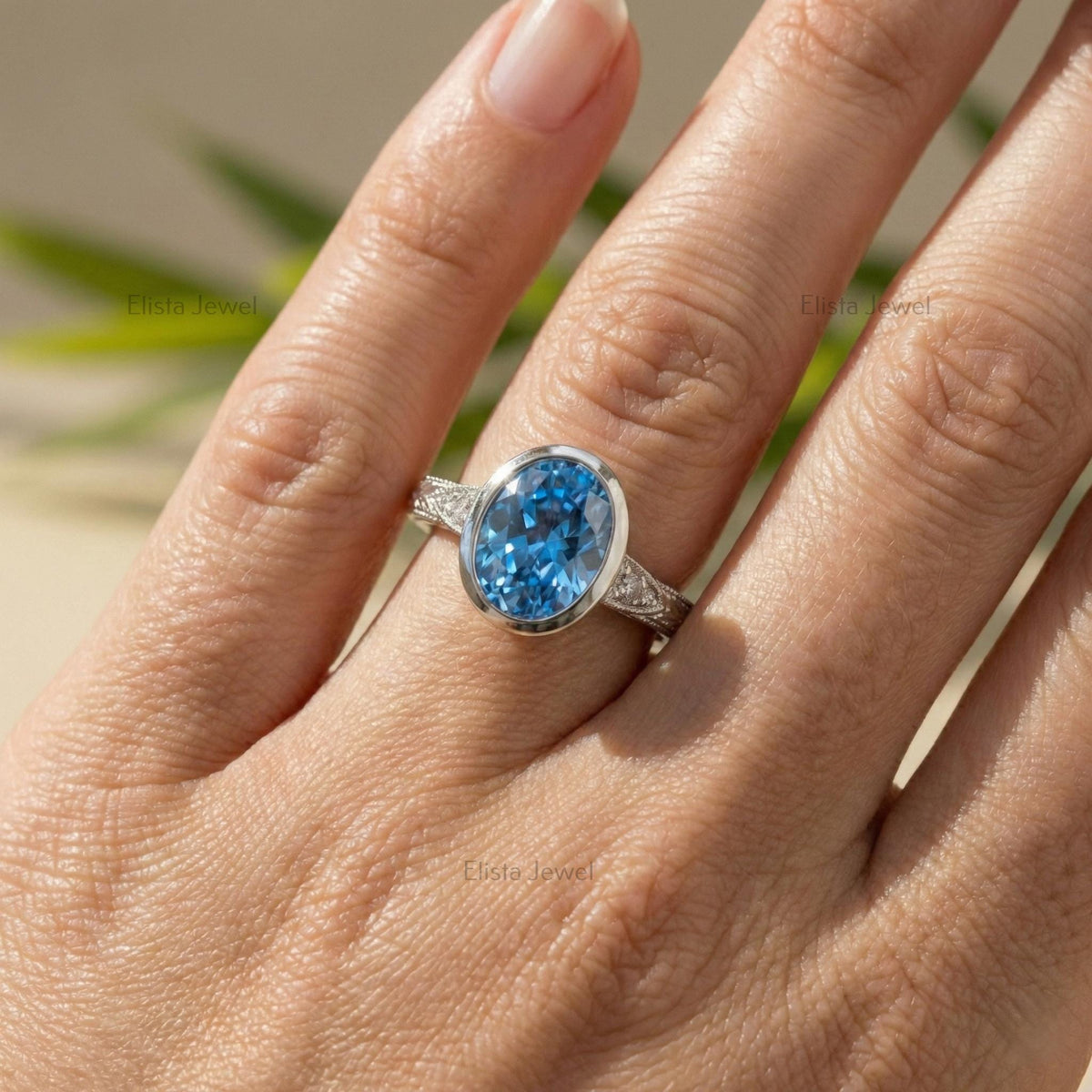 Blue Diamond Ring Oval Lab-Grown Engagement, 14K White Gold Milgrain Band