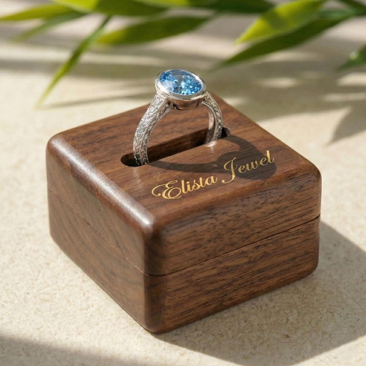 Blue Diamond Ring Oval Lab-Grown Engagement, 14K White Gold Milgrain Band
