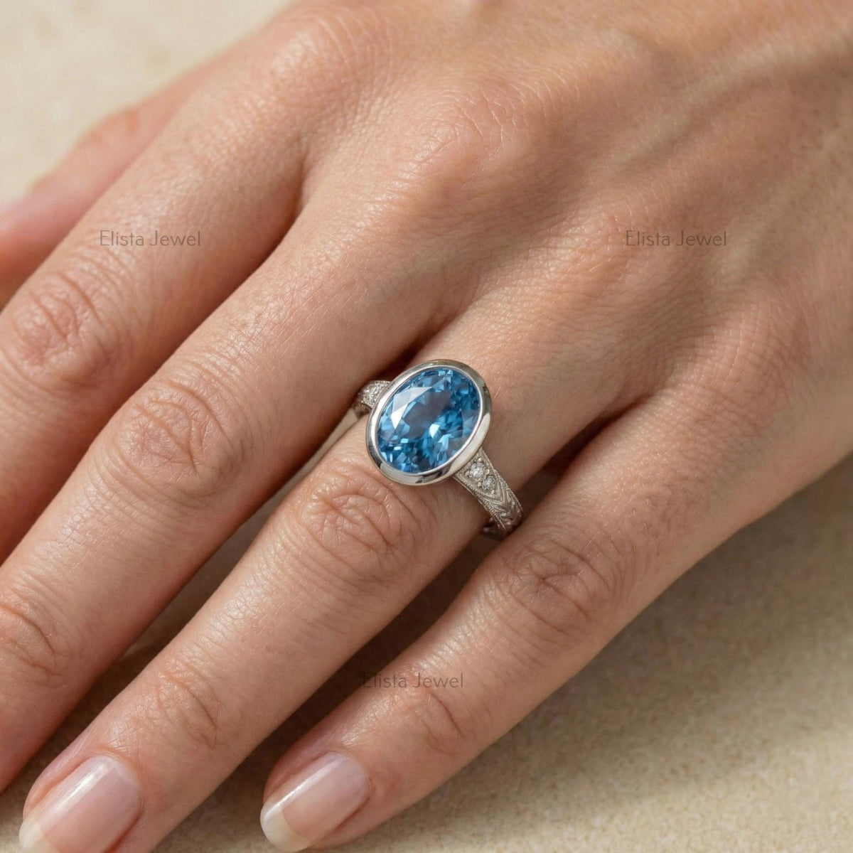 Blue Diamond Ring Oval Lab-Grown Engagement, 14K White Gold Milgrain Band