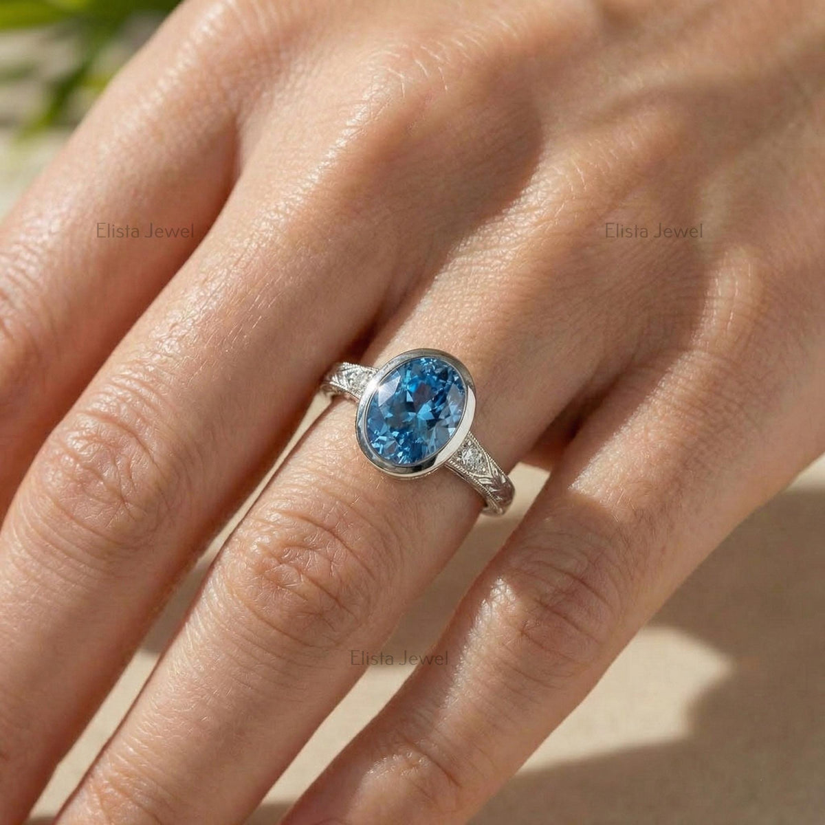 Blue Diamond Ring Oval Lab-Grown Engagement, 14K White Gold Milgrain Band