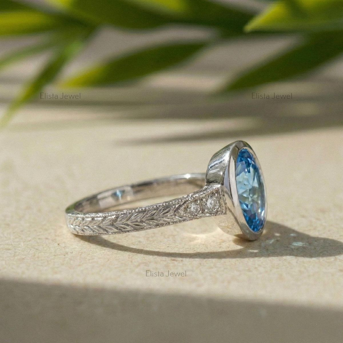 Blue Diamond Ring Oval Lab-Grown Engagement, 14K White Gold Milgrain Band
