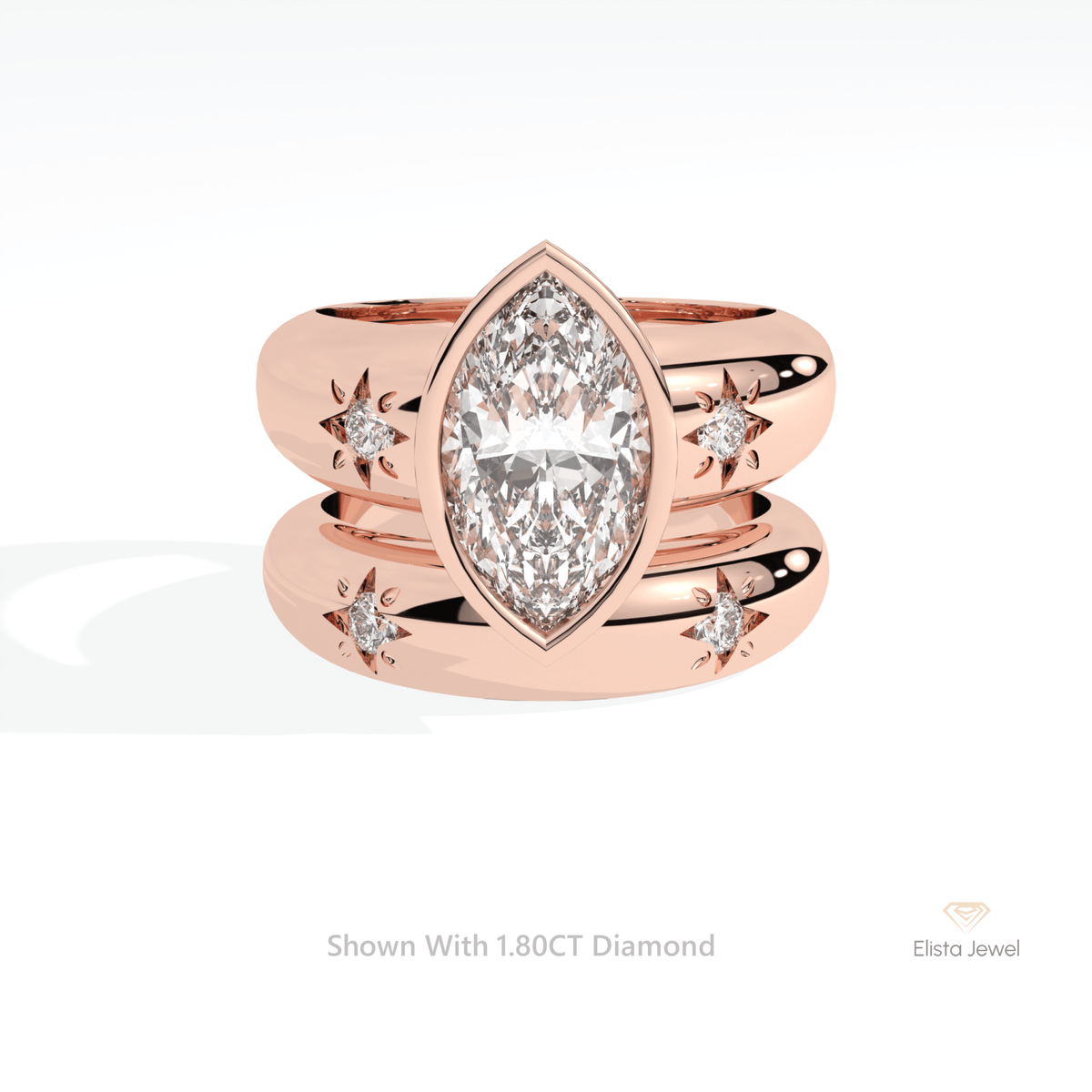 Celestial Lab Grown Diamond Band With Marquise Cut Lab Grown Diamond Ring Set in 18K Rose Gold - Ring on Hand View