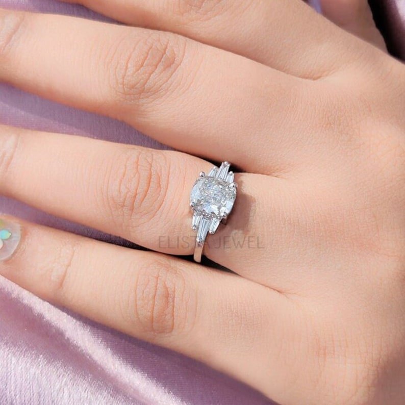 Cushion Cut Accent Engagement Lab Grown Diamond Ring - Ring on Hand View