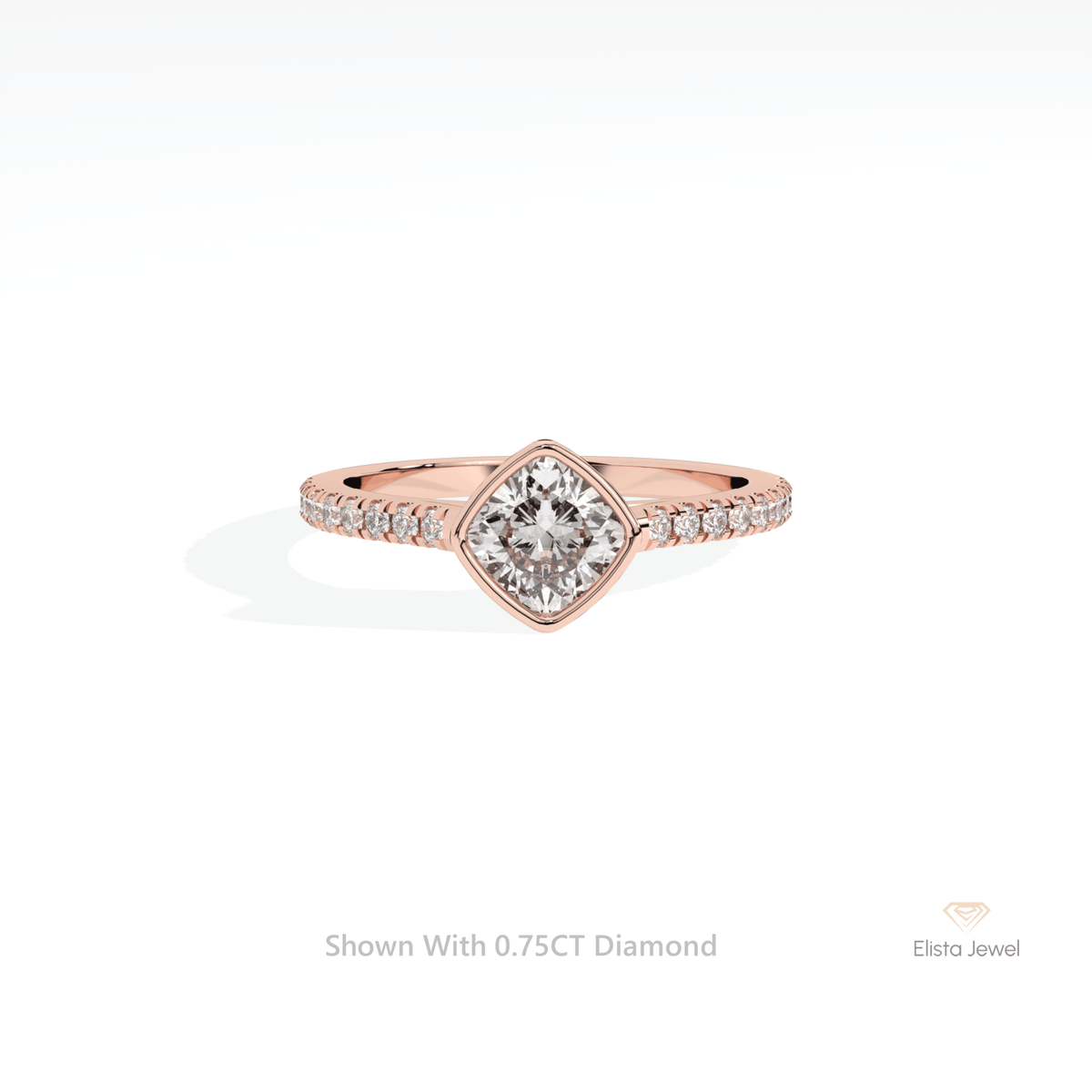 Cushion Cut Bezel Engagement Lab Grown Diamond Ring in 18K Rose Gold - Ring on Hand View