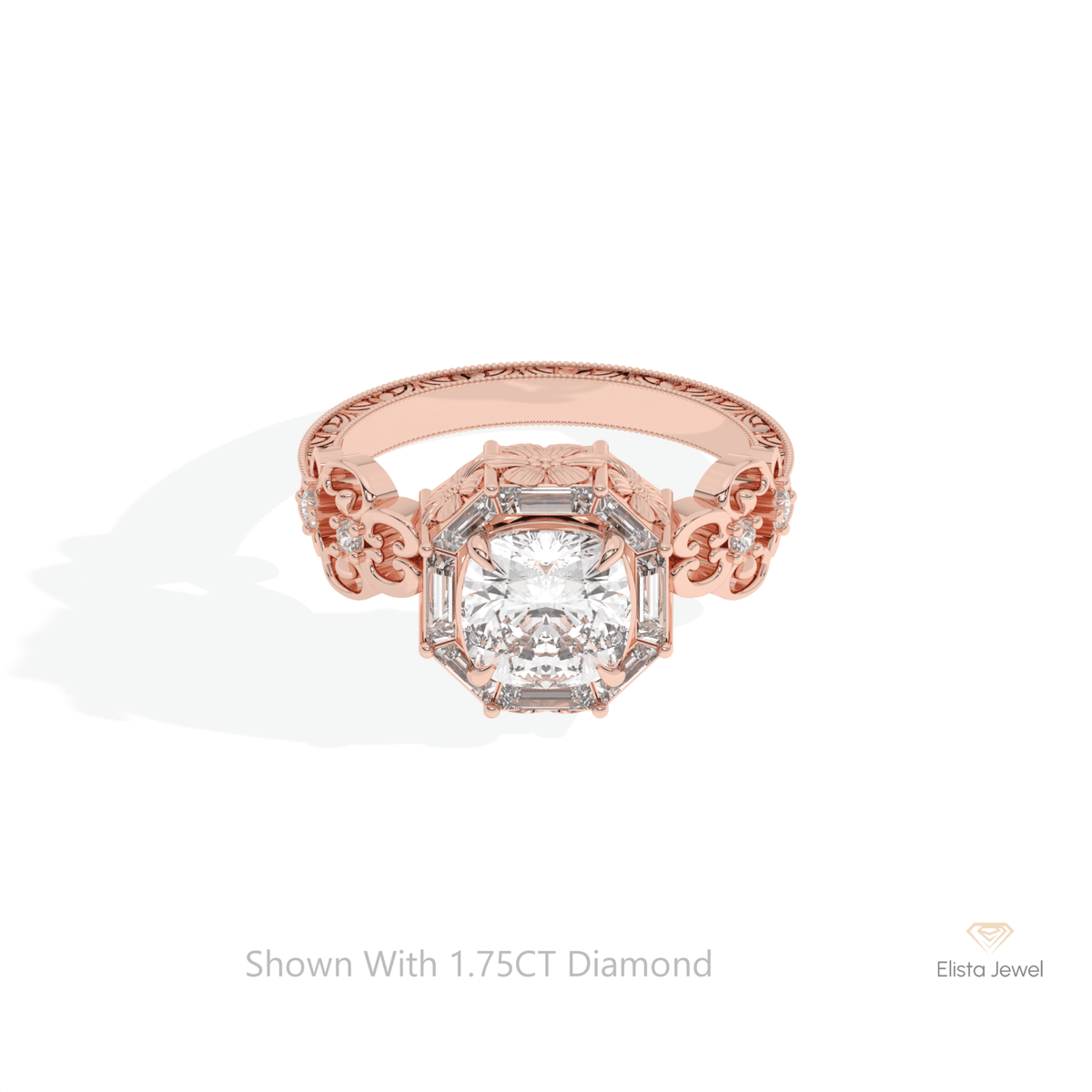 Cushion Cut Halo Art Deco Lab Grown Diamond Ring in 10K White Gold - Front View