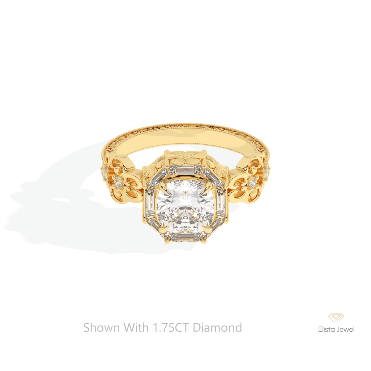 Cushion Cut Halo Art Deco Lab Grown Diamond Ring in 18K Rose Gold - Ring on Hand View