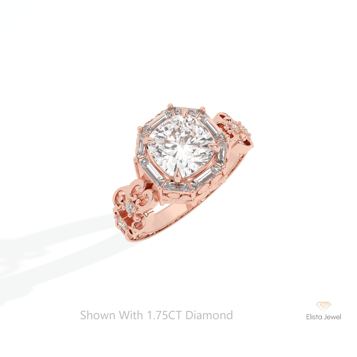 Cushion Cut Halo Art Deco Lab Grown Diamond Ring in 10K Yellow Gold - Side View