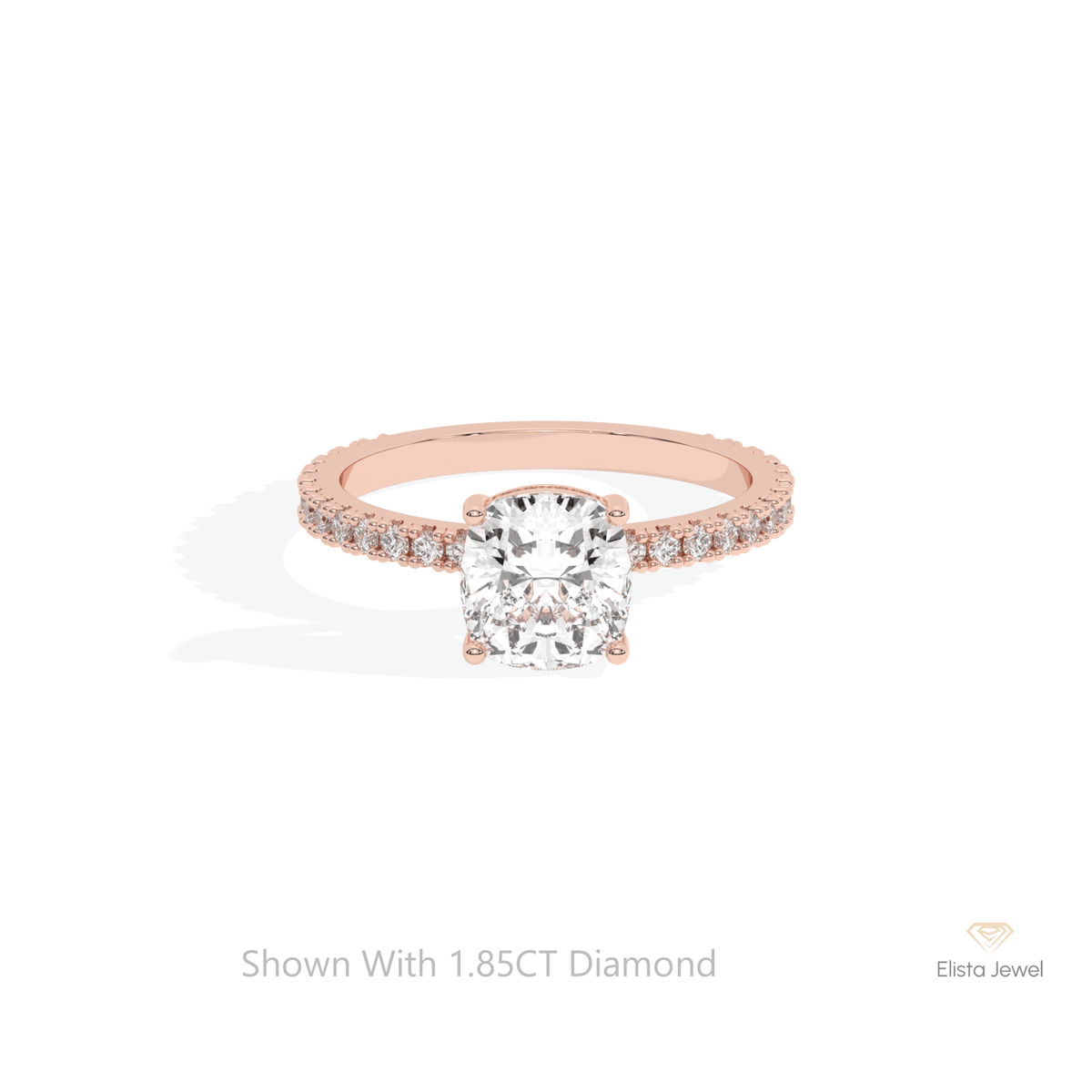 Cushion Cut Hidden Halo Wedding Lab Grown Diamond Ring in 18K Rose Gold - Ring on Hand View