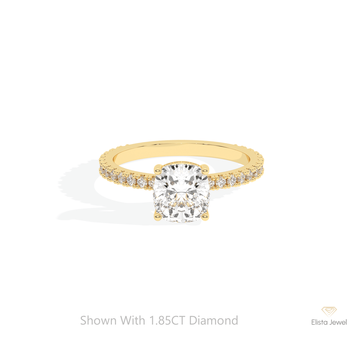 Cushion Cut Hidden Halo Wedding Lab Grown Diamond Ring in 14K Yellow Gold - Detail View