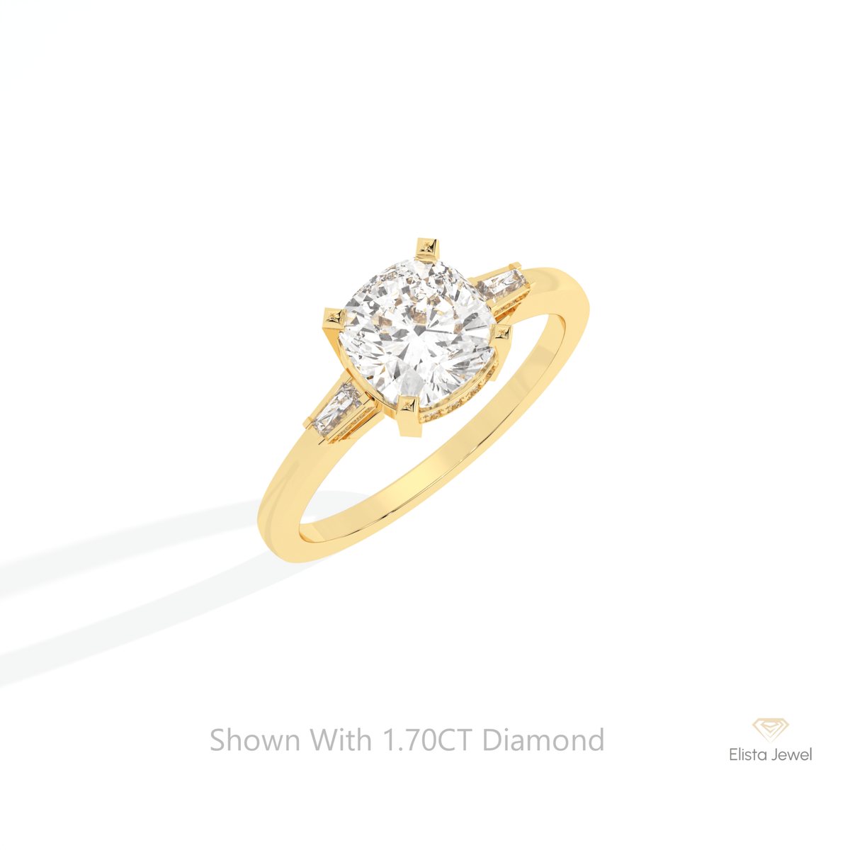 Cushion Cut Three Stone Wedding Lab Grown Diamond Ring in 10K Yellow Gold - Side View