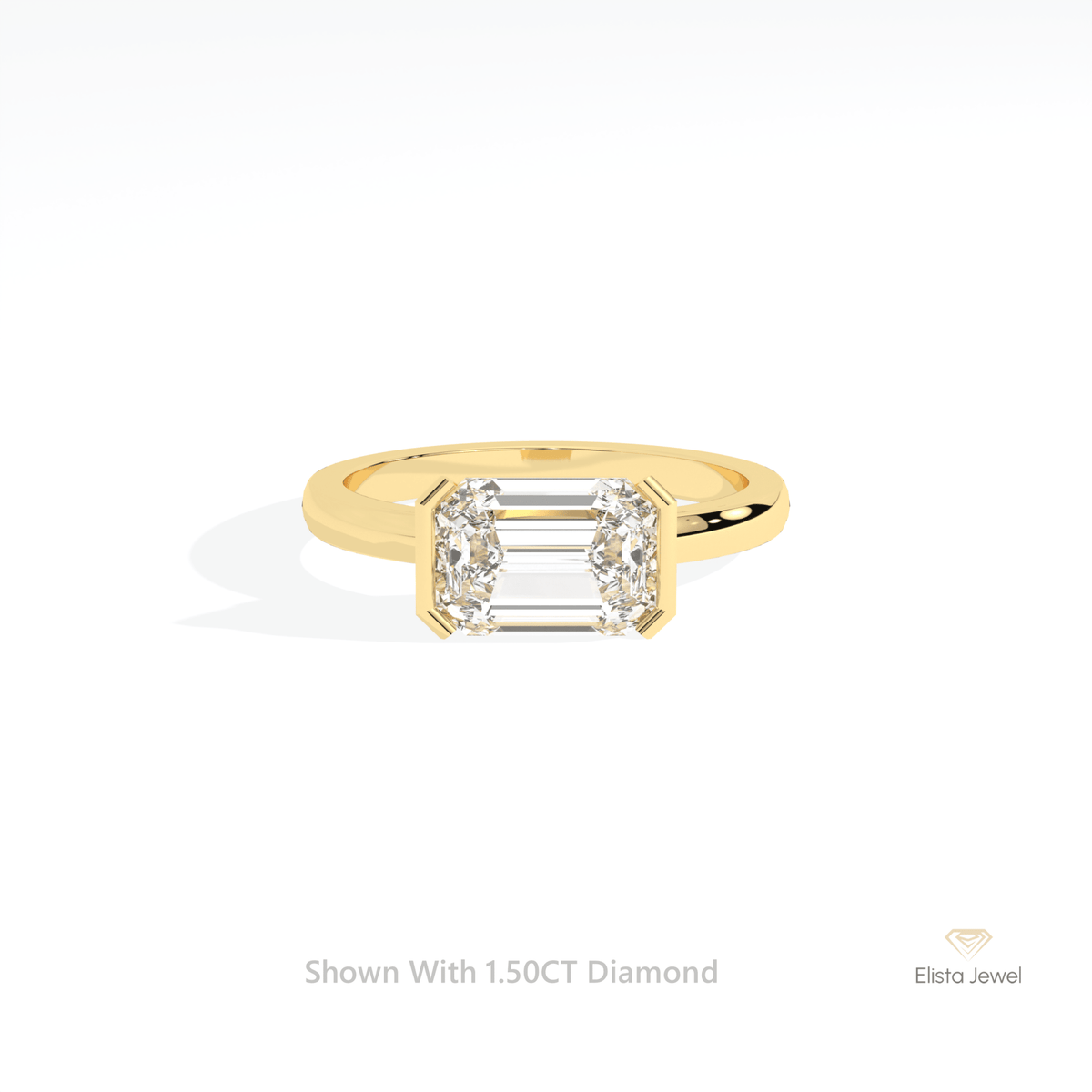 East West Emerald Cut Semi Bezel Solitaire Lab Grown Diamond Ring in 18K Rose Gold - Ring on Hand View