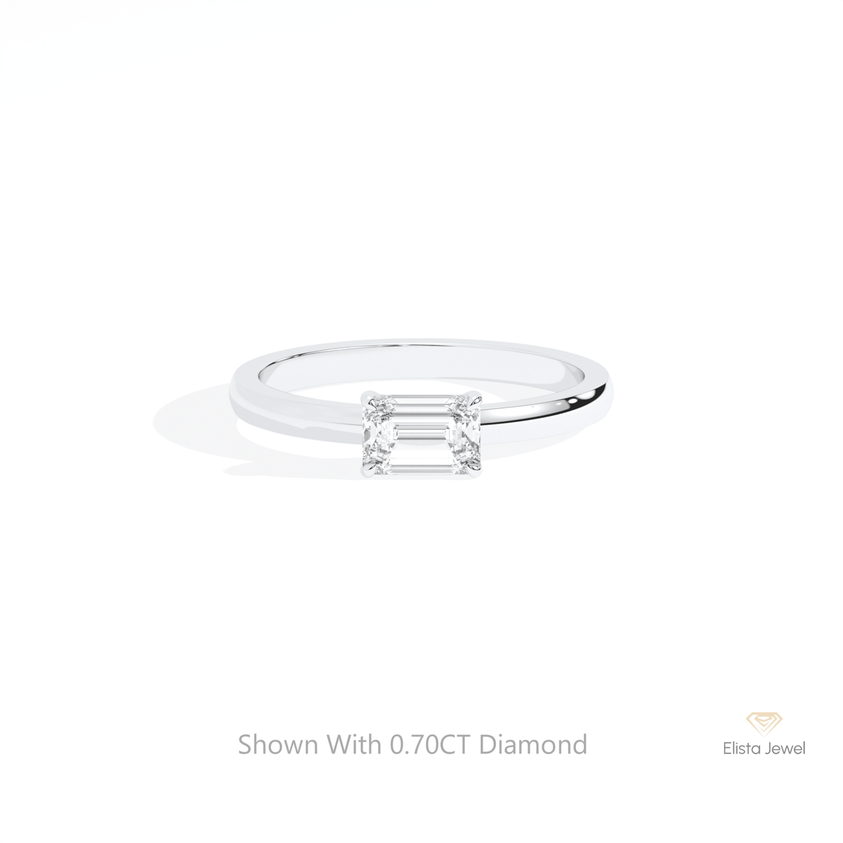 East West Emerald Cut Solitaire Lab Grown Diamond Ring in 14K Yellow Gold - Detail View