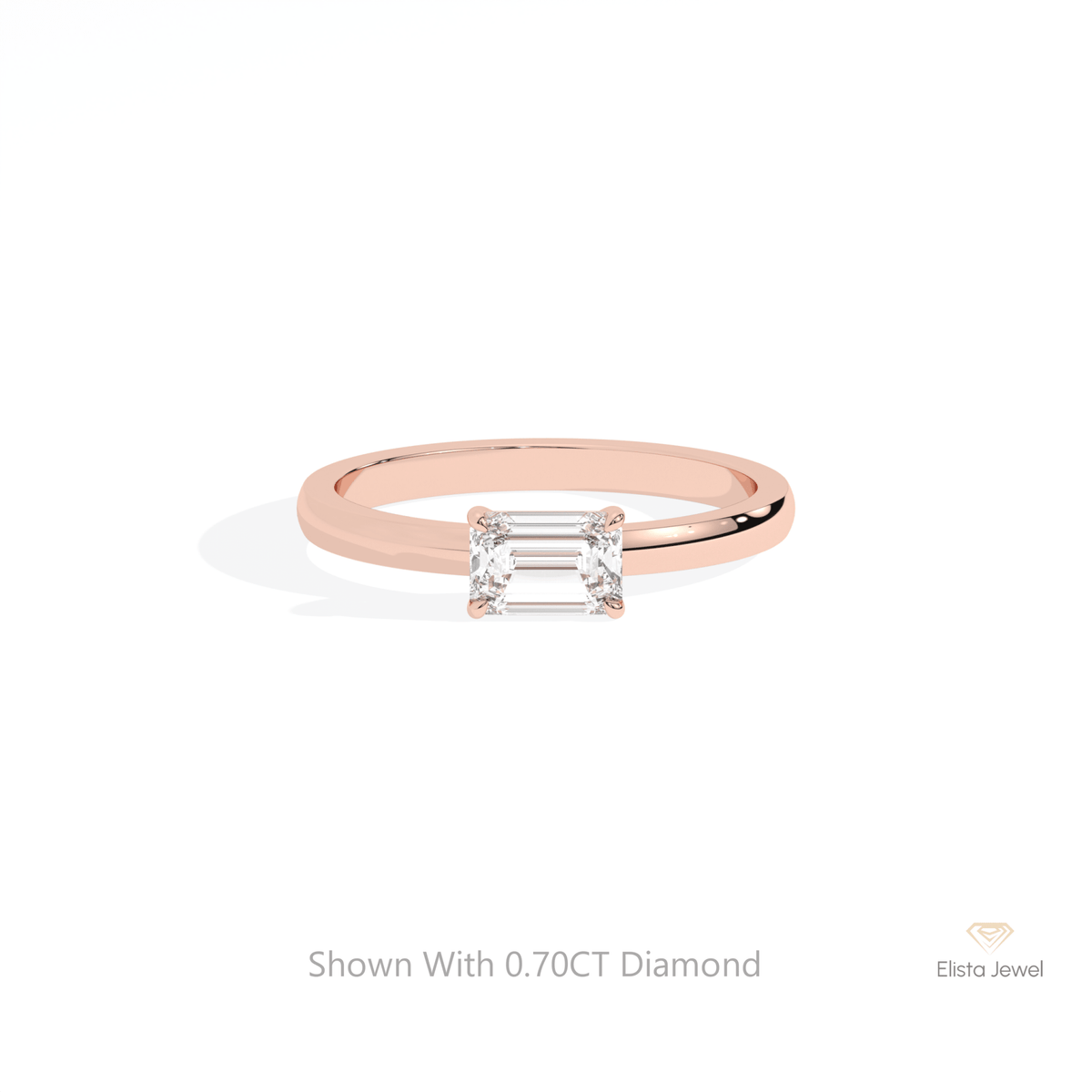 East West Emerald Cut Solitaire Lab Grown Diamond Ring in 18K Rose Gold - Ring on Hand View
