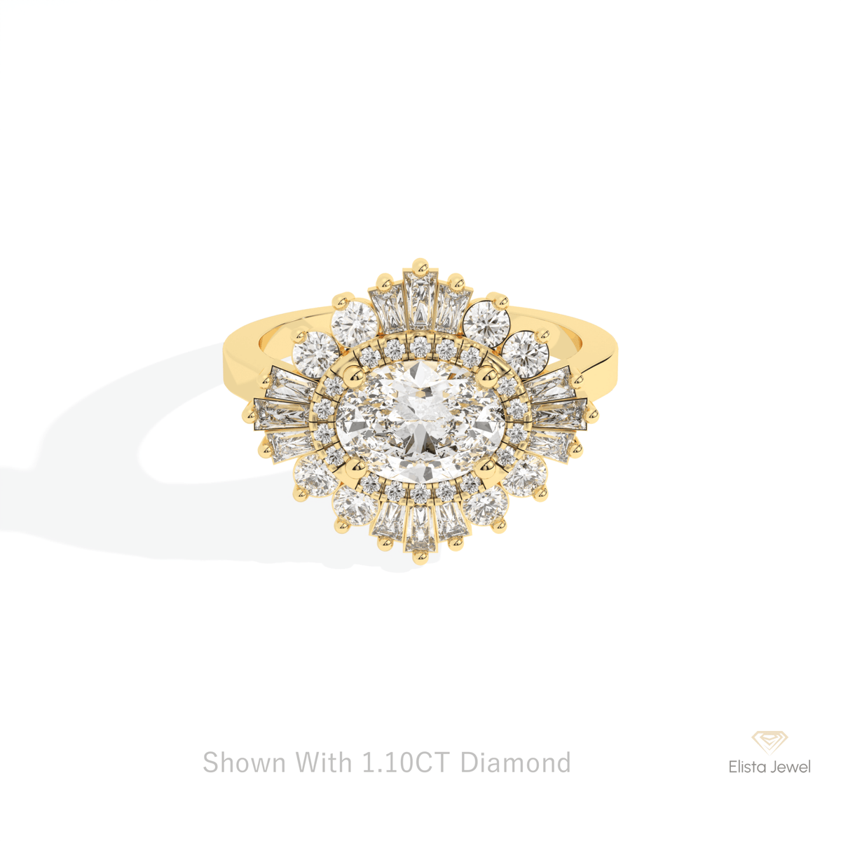 East West Oval Cut Halo Starburst Lab Grown Diamond Ring in 10K White Gold - Front View