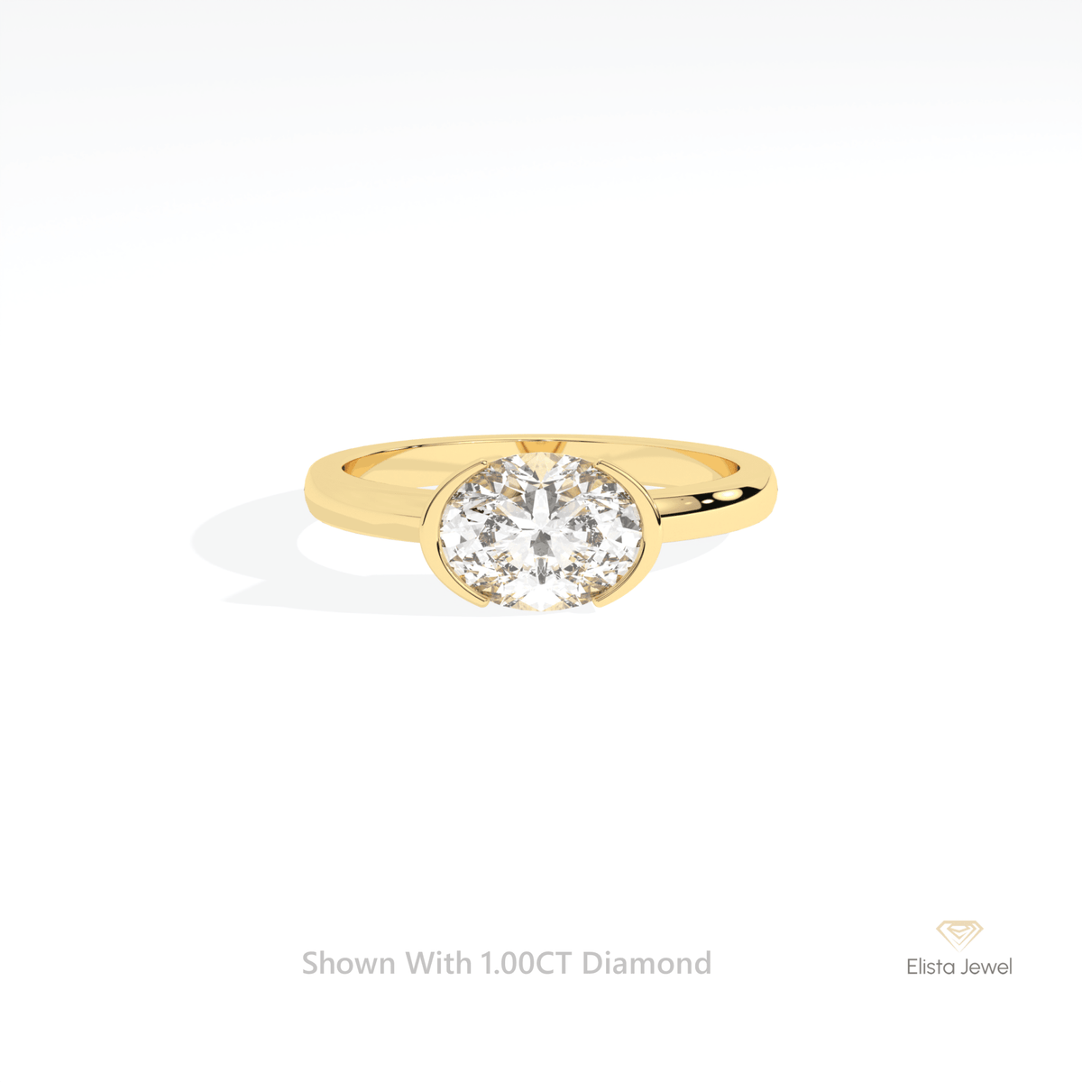 East West Oval Cut Solitaire Semi Bezel Lab Grown Diamond Ring in 10K White Gold - Front View