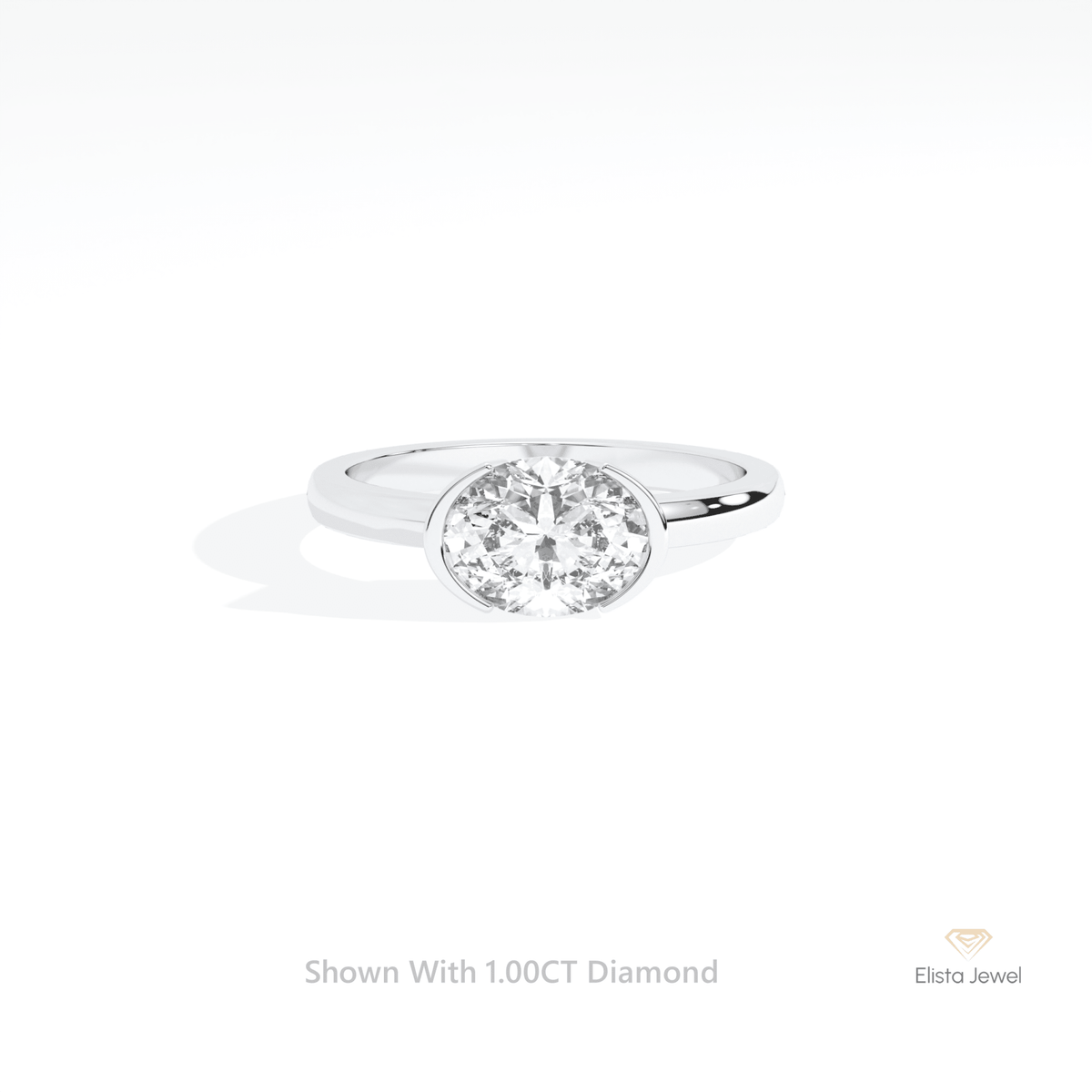 East West Oval Cut Solitaire Semi Bezel Lab Grown Diamond Ring in 14K Yellow Gold - Detail View