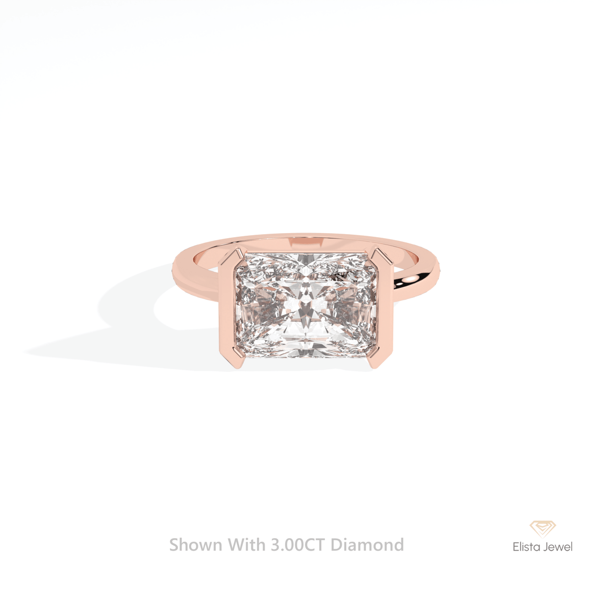 East West Radiant Cut Bezel Solitaire Lab Grown Diamond Ring in 18K Rose Gold - Ring on Hand View