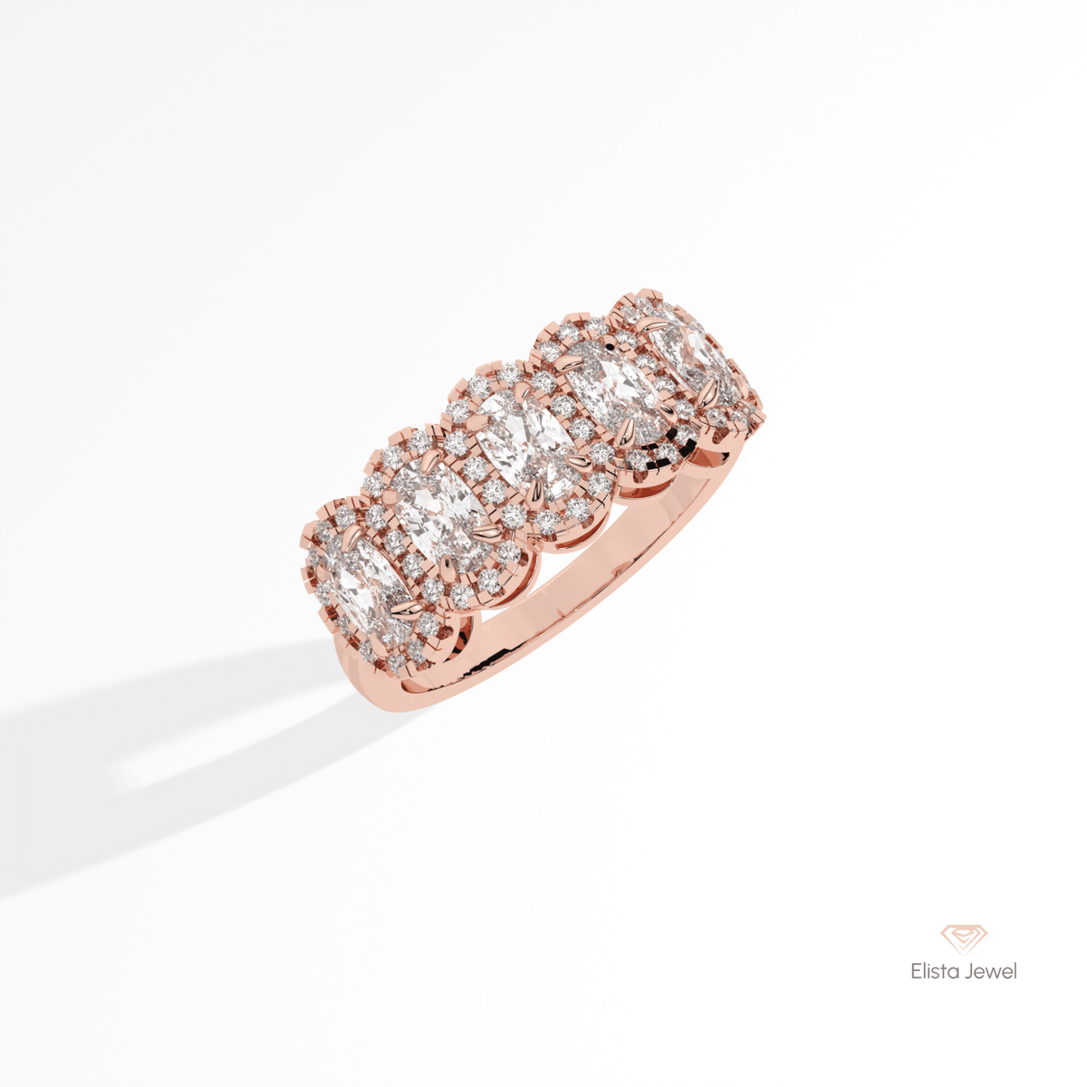 Elongated Cushion Cut Five Stone Lab Grown Diamond Ring in 10K Yellow Gold - Side View
