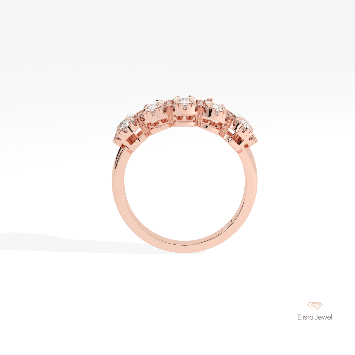 Elongated Cushion Cut Five Stone Lab Grown Diamond Ring in 10K Rose Gold - Angled View