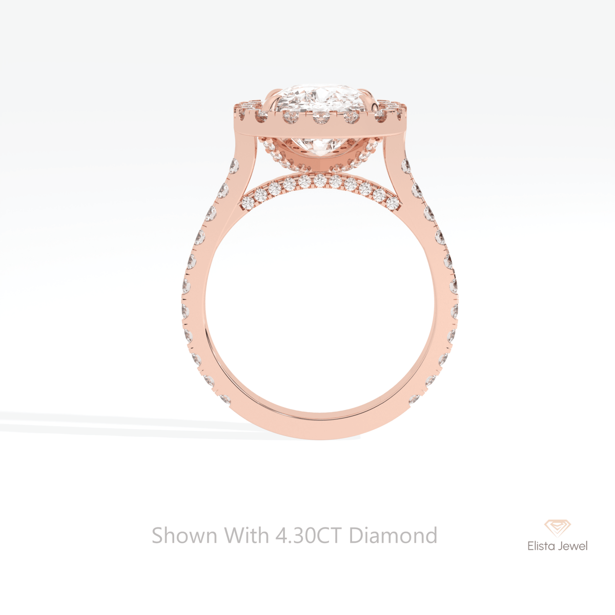 Elongated Cushion Cut Halo Accent Lab Grown Diamond Ring in 10K Rose Gold - Angled View