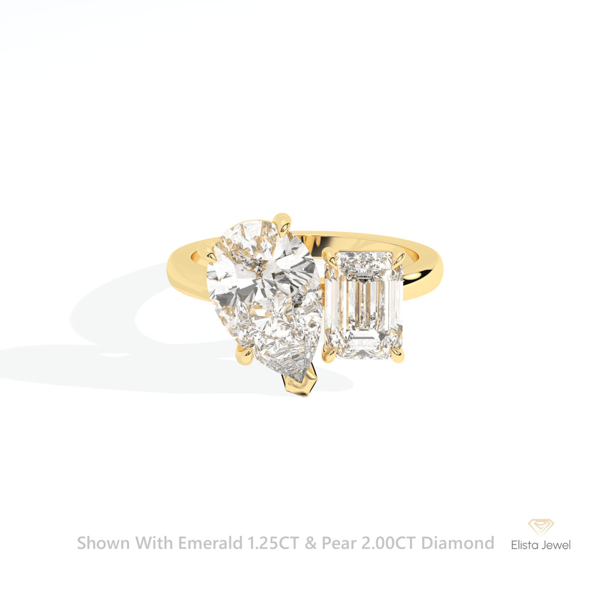 Emerald And Pear Cut Toi Et Moi Lab Grown Diamond Ring in 14K Yellow Gold - Detail View