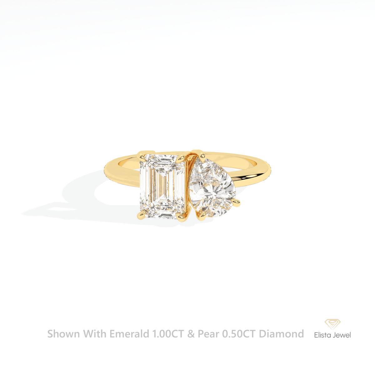 Emerald And Pear Cut Toi Et Moi Lab Grown Diamond Ring in 14K Yellow Gold - Detail View