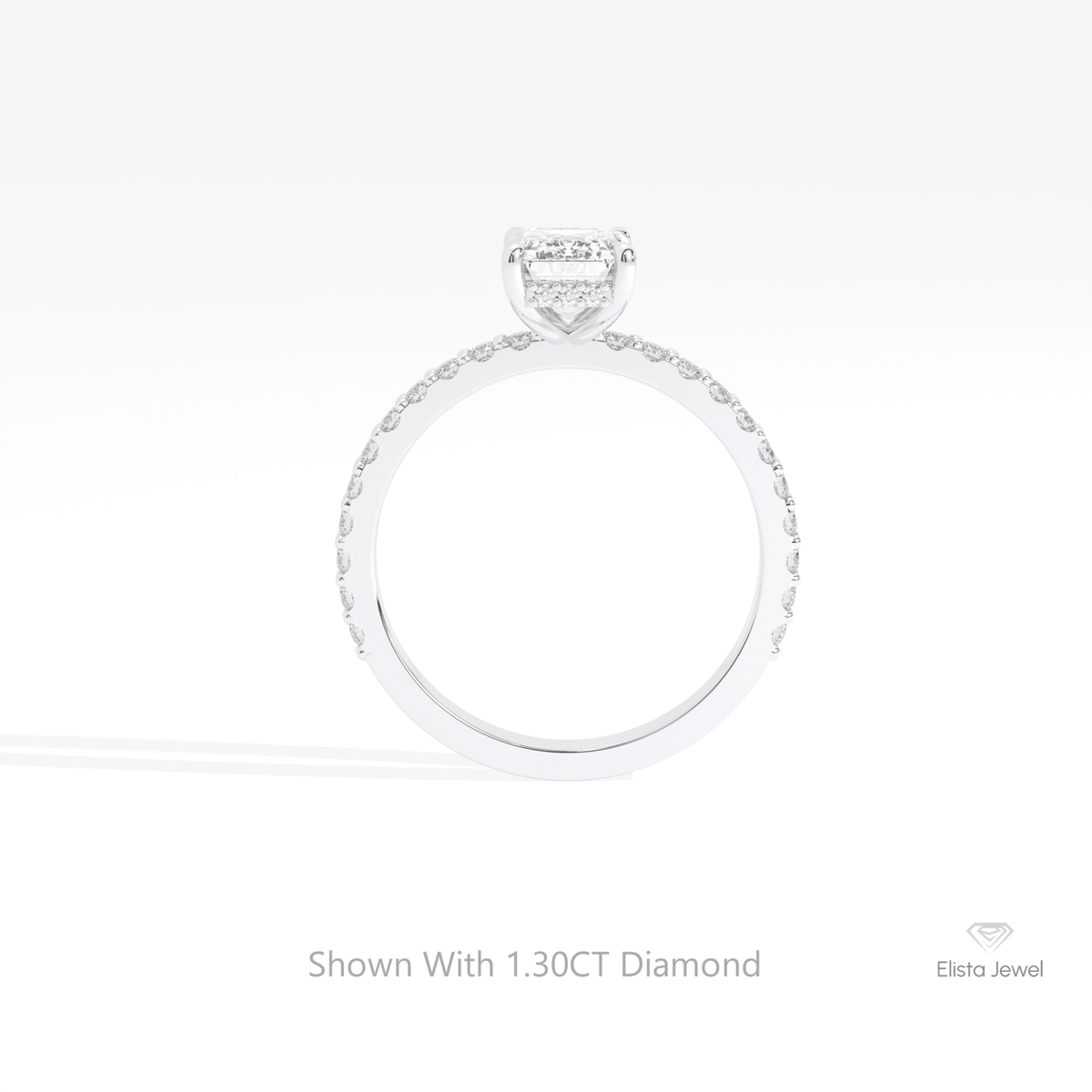 Emerald Cut Accent Hidden Halo Lab Grown Diamond Ring in 18K White Gold - Close-up View