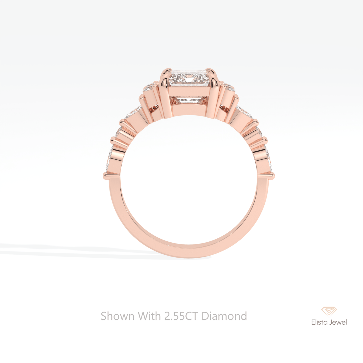 Emerald Cut Accent Wedding Lab Grown Diamond Ring in 10K Rose Gold - Angled View