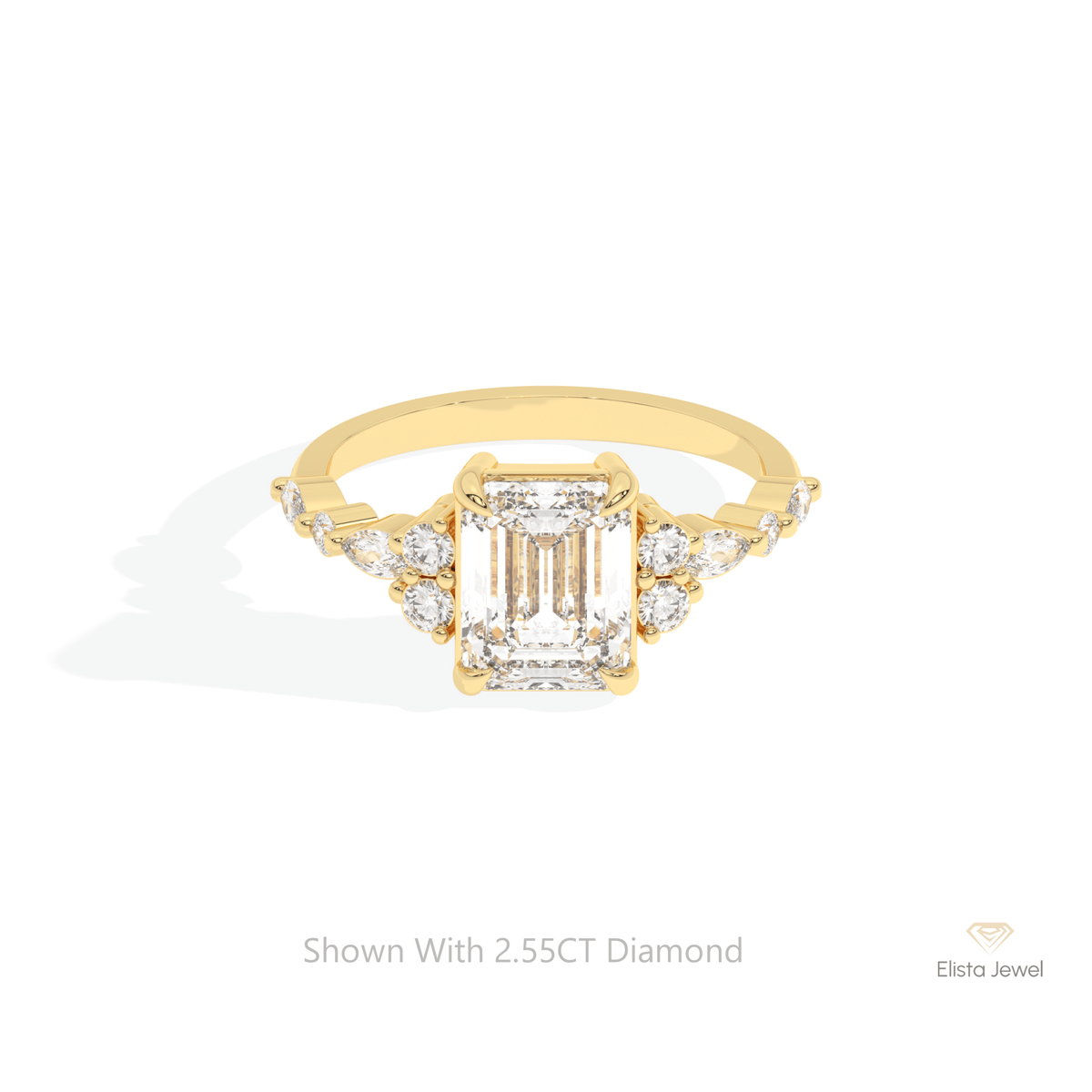 Emerald Cut Accent Wedding Lab Grown Diamond Ring in 18K Rose Gold - Ring on Hand View