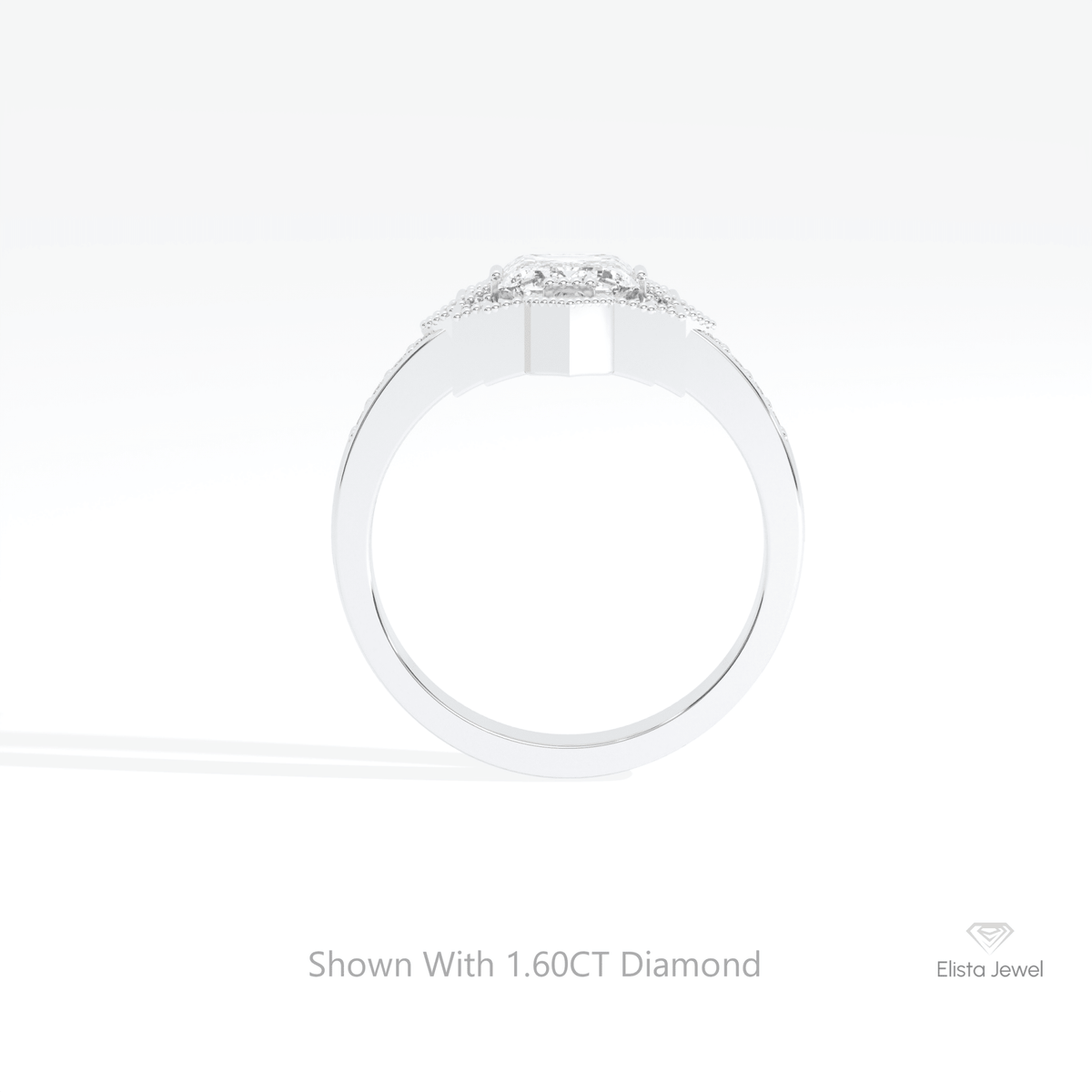 Emerald Cut Art Deco Wedding Lab Grown Diamond Ring in 18K White Gold - Close-up View