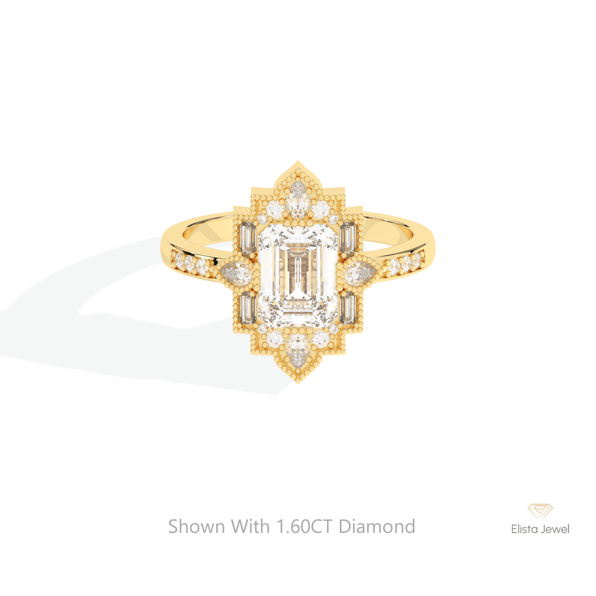 Emerald Cut Art Deco Wedding Lab Grown Diamond Ring in 10K White Gold - Front View