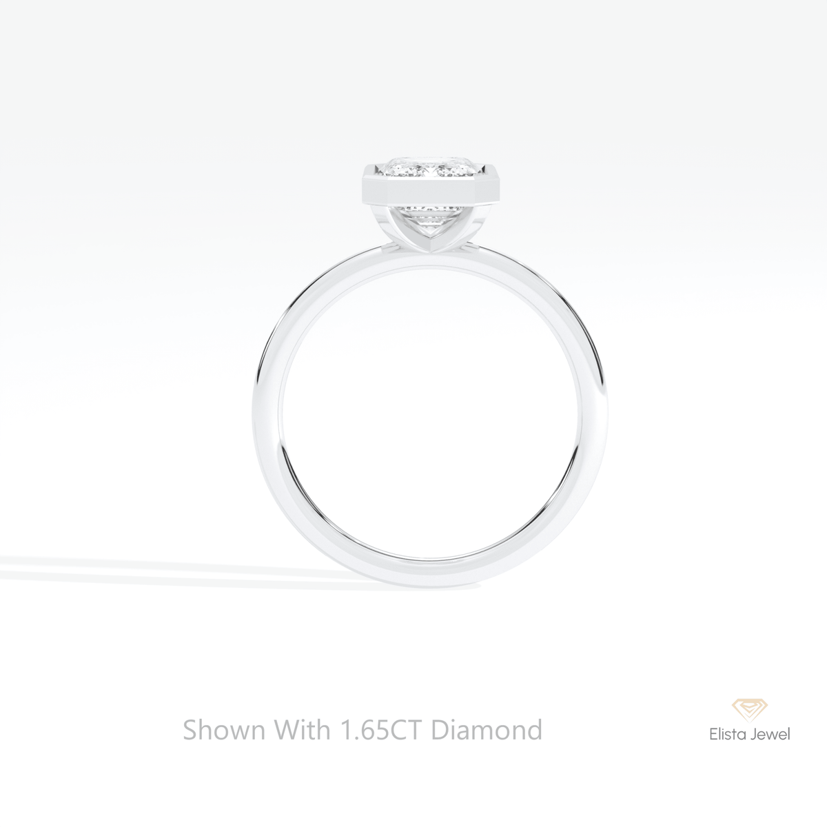 Emerald Cut Bezel Solitaire Lab Grown Diamond Ring in 18K White Gold - Close-up View