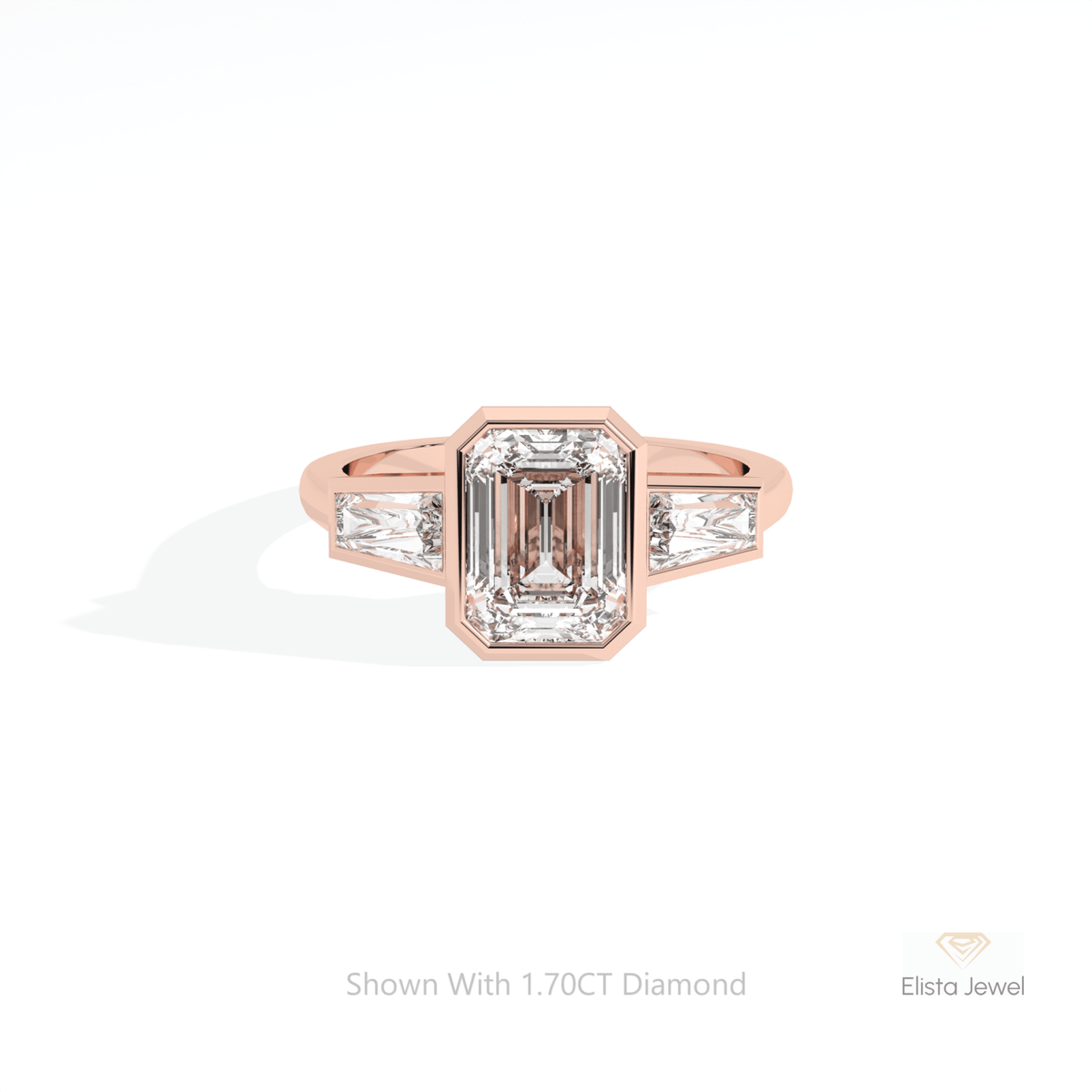 Emerald Cut Bezel Three Stone Lab Grown Diamond Ring in Platinum - Ring on Hand View