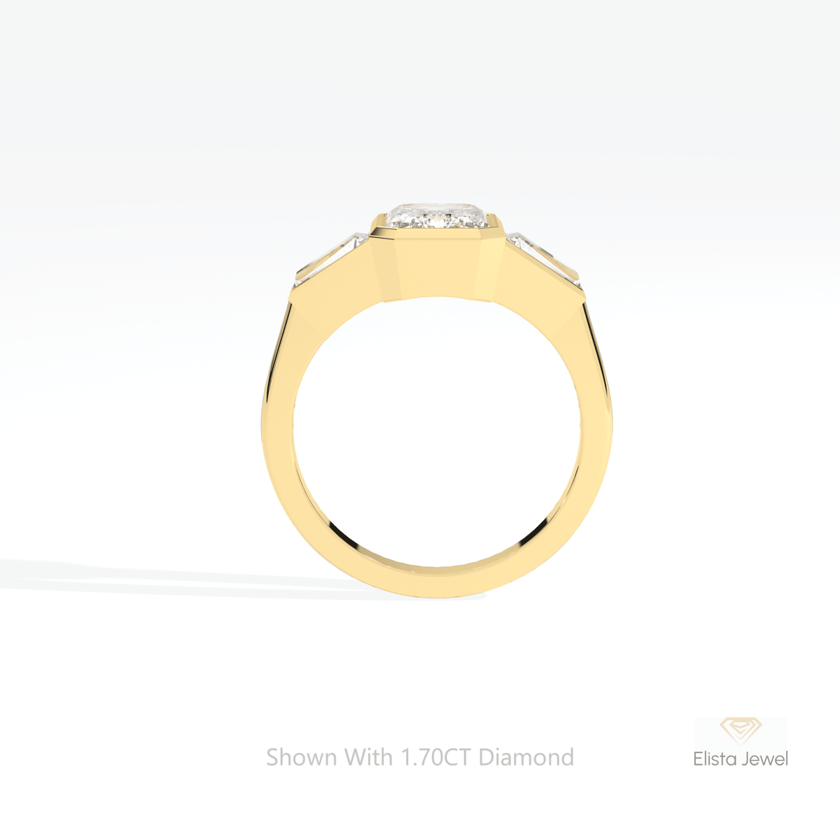 Emerald Cut Bezel Three Stone Lab Grown Diamond Ring in 14K White Gold - Close-up View