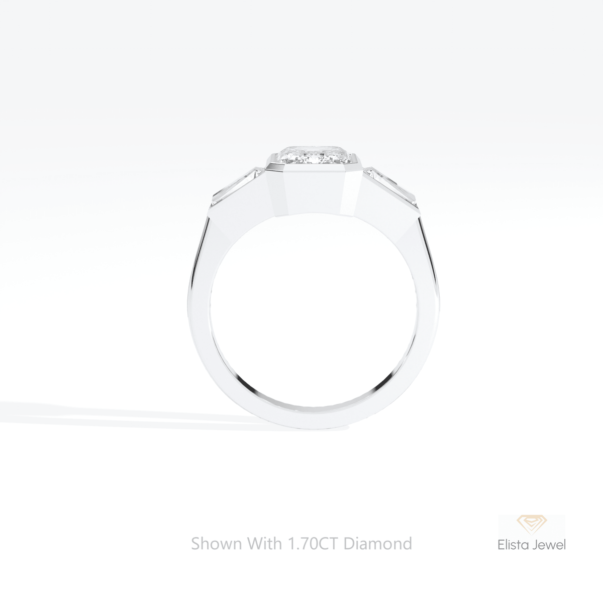 Emerald Cut Bezel Three Stone Lab Grown Diamond Ring in 10K Yellow Gold - Angled View