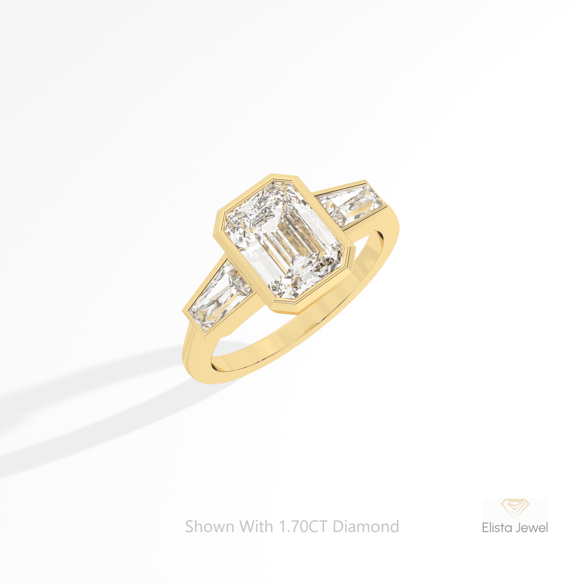 Emerald Cut Bezel Three Stone Lab Grown Diamond Ring in 14K Yellow Gold - Profile View