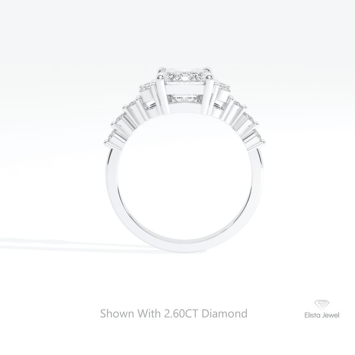 Emerald Cut Cluster Engagement Lab Grown Diamond Ring in 18K White Gold - Close-up View