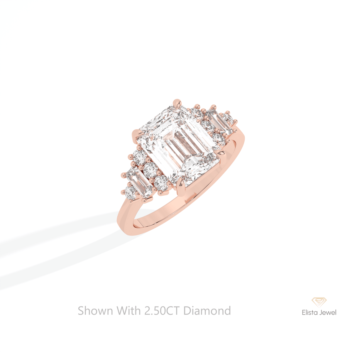 Emerald Cut Cluster Wedding Lab Grown Diamond Ring in 10K Yellow Gold - Side View