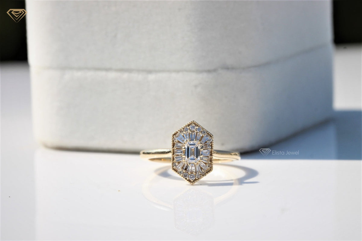 Emerald Cut Diamond Mosaic Ring For Women, Gold Ballerina Engagement Ring For Her, Ballerina Wedding Ring, Anniversary Gif...