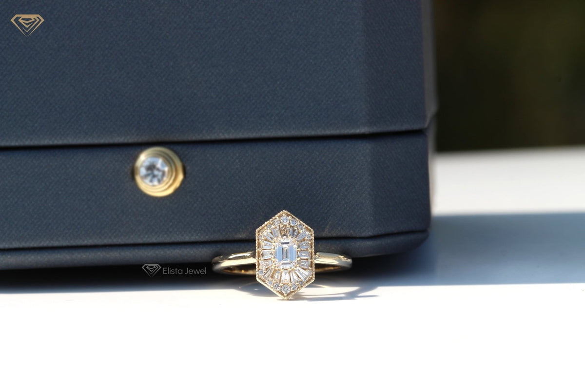 Emerald Cut Diamond Mosaic Ring For Women, Gold Ballerina Engagement Ring For Her, Ballerina Wedding Ring, Anniversary Gif...