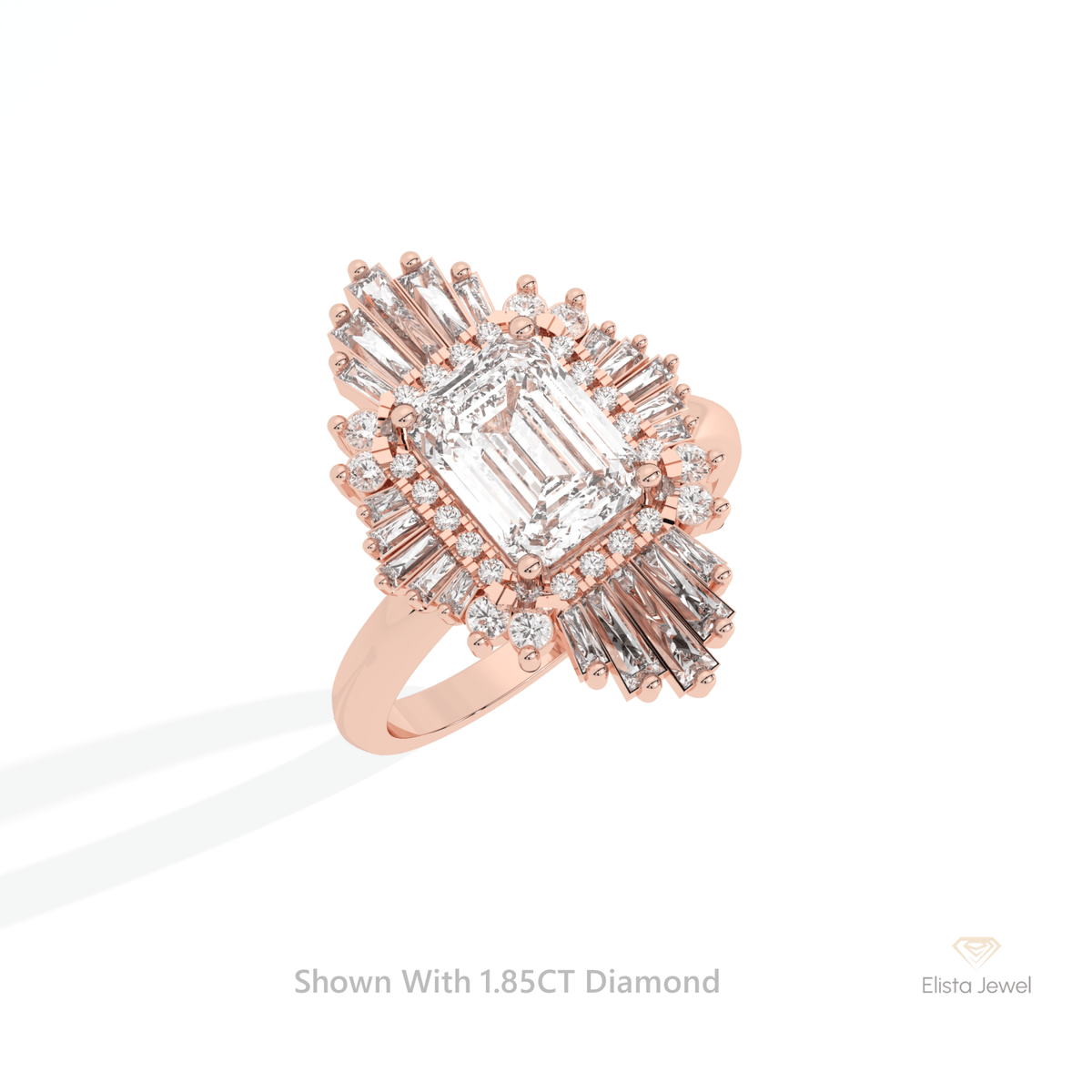 Emerald Cut Double Halo Starburst Lab Grown Diamond Ring in 10K Yellow Gold - Side View